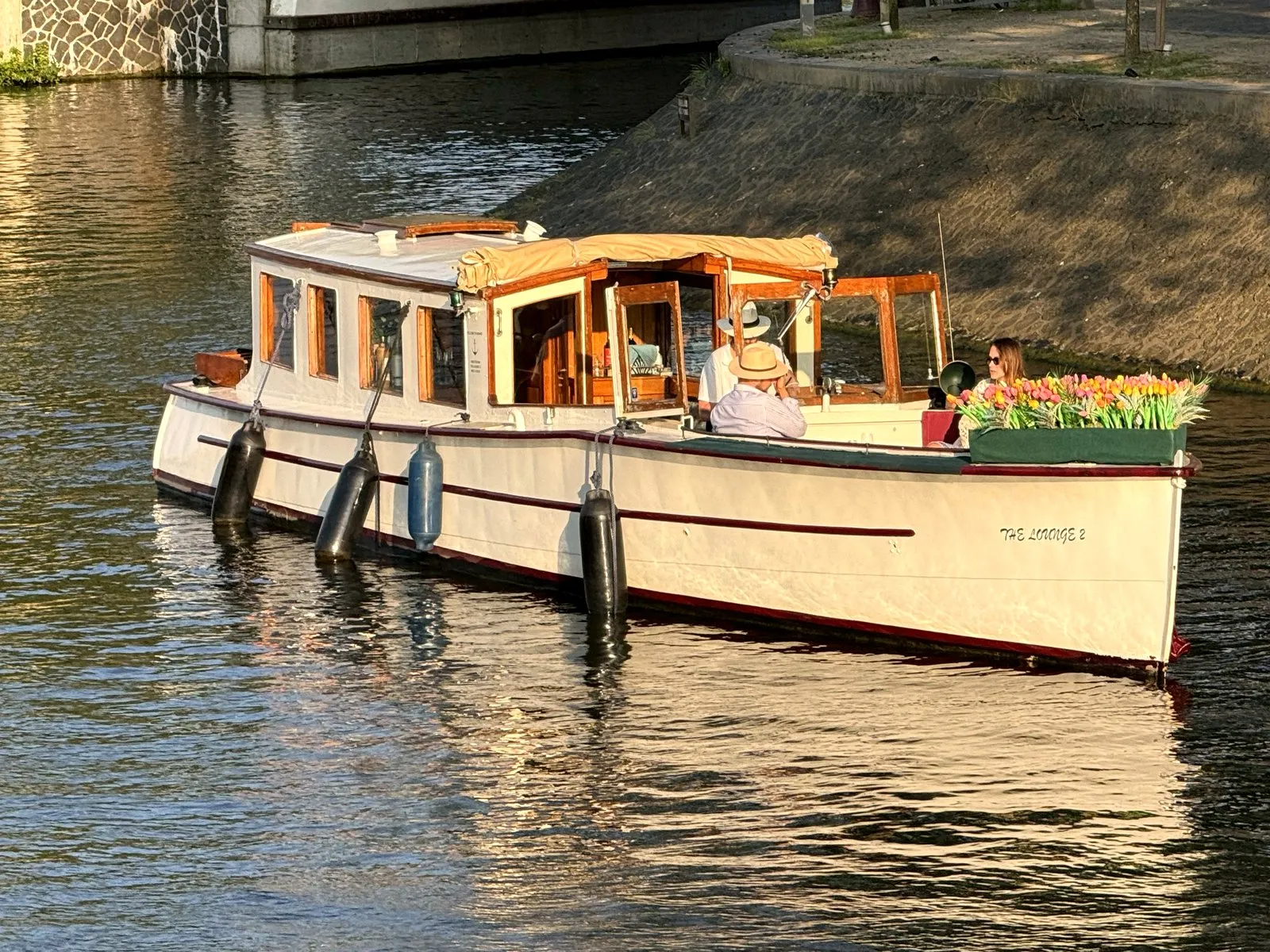 An Amsterdam salon boat lined with tulips cruising on the canal in the evening light