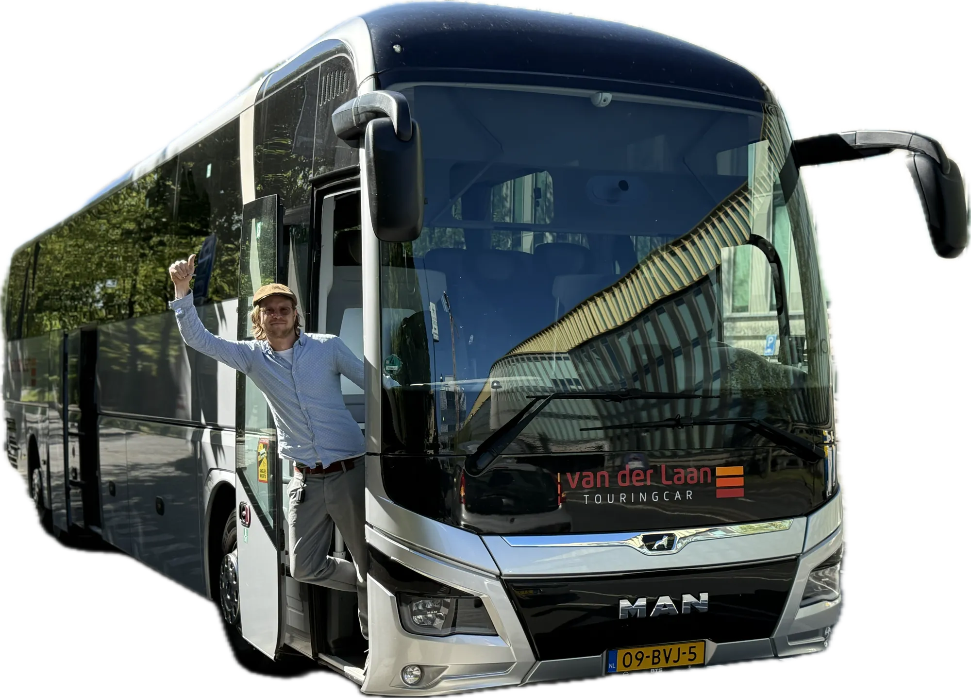A private touring coach in Amsterdam with a smiling Adam & Eve guide waving from the door