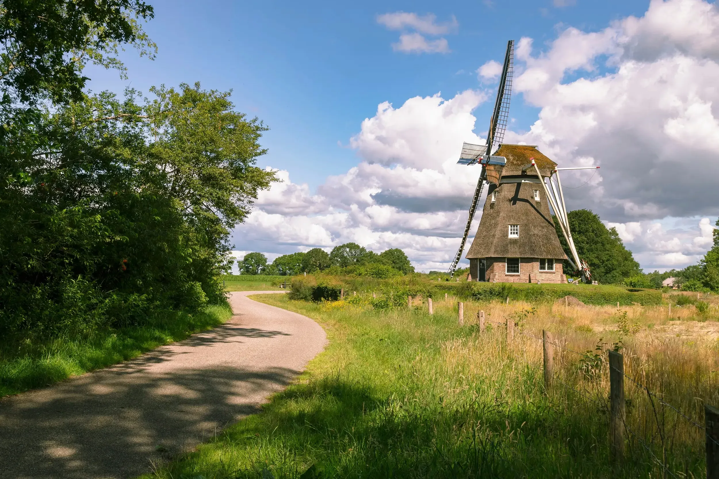 Thatched Dutch windmill beside a winding country lane under a blue sky with white clouds