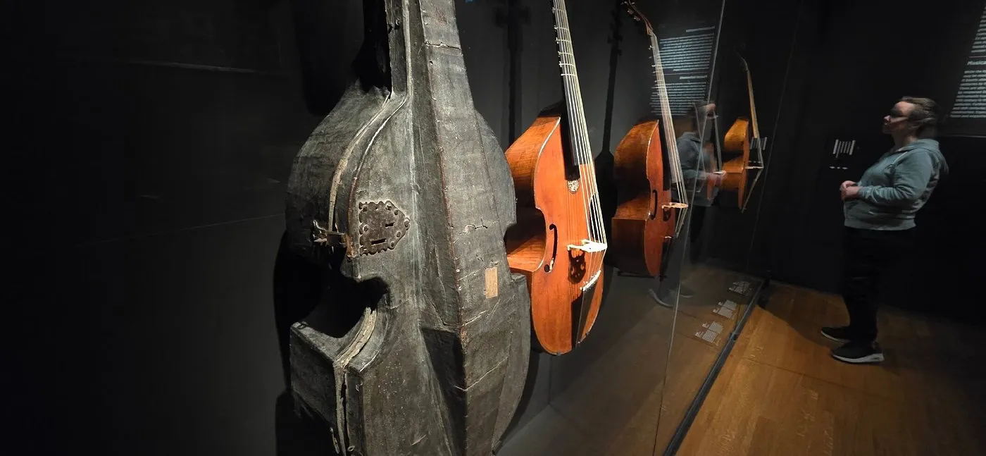 Antique cellos and viols displayed behind glass in a dark museum gallery while a visitor looks on