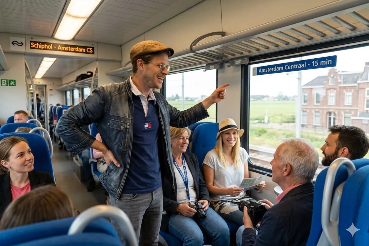 A guide pointing out the window of the Schiphol to Amsterdam Centraal train while seated guests smile