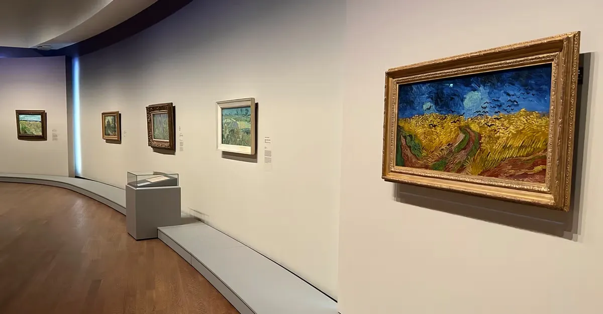 Van Gogh's Wheatfield with Crows in a gold frame on a curved white gallery wall with more paintings further along